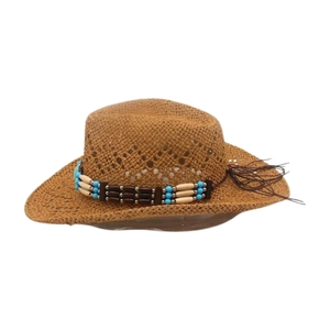 Detailed view of woven straw cowboy hat featuring ethnic blue beads and tassel trim