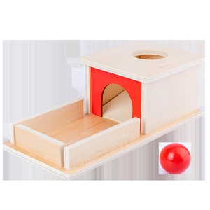 Montessori wooden object permanence box with red ball for infant hand-eye coordination