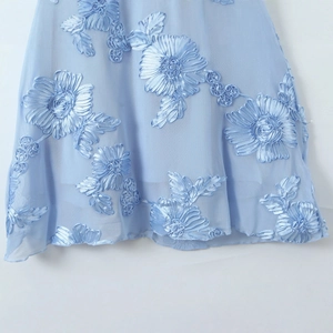 Pale blue mesh mermaid dress with 3D floral ribbon embroidery details on the skirt