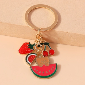Cute bear on watermelon slice keychain with strawberry and cherry enamel pendants