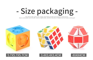Detailed comparison of three educational magic cubes with size dimensions in centimeters