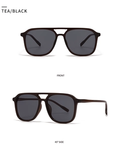 Front and side view of modern retro square double bridge sunglasses in tea and black color