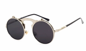Detail view of steampunk round flip-up sunglasses with gold metal frame and dark gray lens
