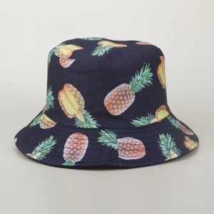 Navy blue cotton sun bucket hat with pineapple print and wide brim for sun protection