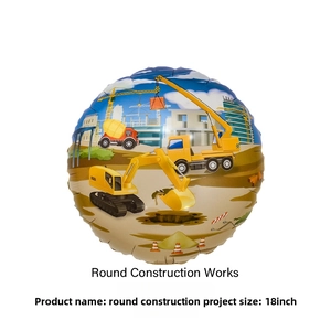 Detailed 18-inch round foil balloon featuring excavator and crane construction prints