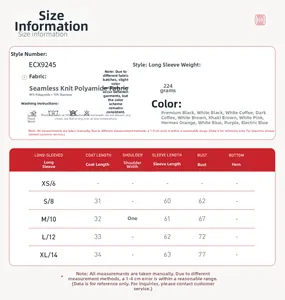 Detailed size chart for seamless contrast yoga long sleeve T-shirt with fabric specs