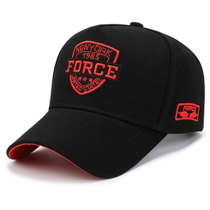 Black cotton baseball cap with red Force New York 1985 embroidery and red contrast visor