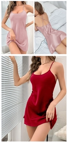 Detailed view of backless satin nightgown in pink and burgundy silk texture