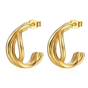 Chic 18K gold plated twisted C-shape stainless steel earrings for women on white background