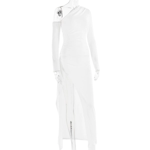 Detail of white one-shoulder long sleeve dress with high slit on a professional model