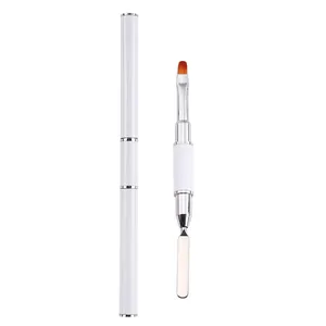 Dual-ended white nail brush tool featuring a round fiber tip and stainless steel spatula
