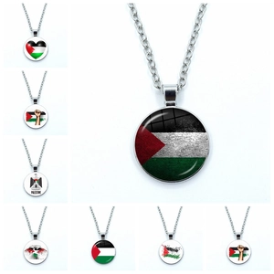 Palestine Flag National Map Round Pendant Necklace Alloy Glass Cabochon Time Gem Symbol Jewelry Gift For Men Women