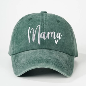 Vintage forest green washed cotton baseball cap with white Mama embroidery and heart