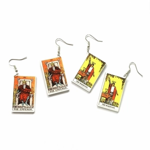 Retro acrylic tarot card drop earrings featuring Emperor and Magician designs