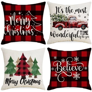 Linen Christmas Pillow Cover Buffalo Plaid Red Truck Printed Decorative Cushion Case For Sofa Living Room Holiday Home Decor