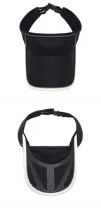 Detail of breathable inner lining and mesh fabric on black sun visor with adjustable strap