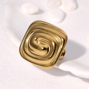 Minimalist 18k gold plated stainless steel square ring with a spiral wave texture finish