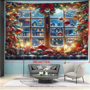 Detail showing Christmas tapestry dimensions 300x180 cm with a snowy window scene pattern