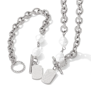 Silver link chain necklace and bracelet set with baroque pearl and soul mate tag