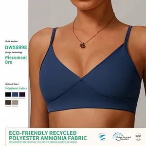 Women V Neck Sports Bra Thin Straps Breathable Quick Dry Yoga Bra Top Running Fitness Gym Workout Polyester Activewear Top