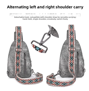 Detail showing detachable colorful ethnic strap and dual side hooks for crossbody bag