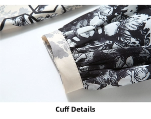 Détail du poignet d'une robe en mousseline avec imprimé floral rétro et finitions soignées