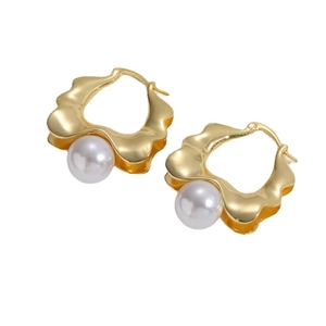 Irregular 14K gold plated geometric hoop earrings with elegant white pearl drops