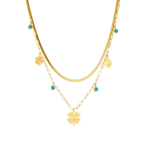 Double-layer gold stainless steel necklace with clover charms and turquoise beads