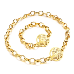 Golden punk geometric necklace and bracelet set with hollow Tree of Life pendants