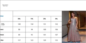 Size chart for pink sequin sleeveless plus size evening gown with measurements in cm