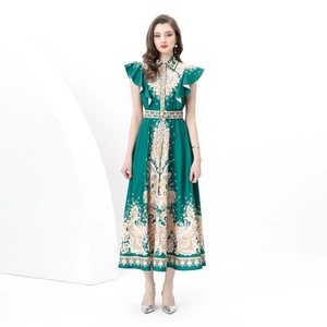 Elegant Ruffle Sleeve Paisley Print Maxi Dress Retro Lapel Belted A-Line Polyester Court Style Vacation For Women