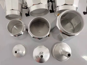 Three sets of aluminum moka pot components including bodies, filters, and lids in various sizes