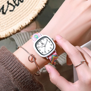 Minimalist square quartz watch for women with colorful woven strap and Arabic numerals