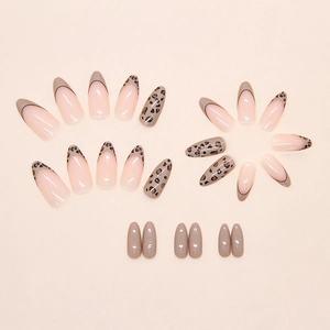 Brown leopard print French almond press on nails set with glossy finish almond shape