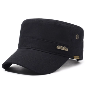 Black cotton canvas cadet cap with outdoor style metal logo and breathable eyelets
