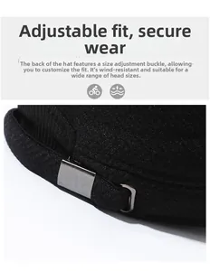 Close-up of the adjustable metal buckle and wool texture on a winter hat for men