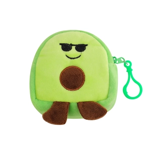 Detail of cute 3D avocado plush coin purse with zipper and green plastic hook
