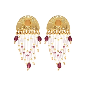 Bohemian gold tassel drop earrings with purple crystal beads and white pearls
