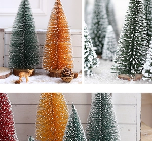 Miniature sisal Christmas trees with snowy tips and wood bases for festive table decor