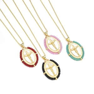 18k gold plated necklaces with oval religious pendants featuring colorful bead edges
