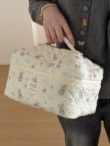 Quilted Makeup Bag Polyester Toiletry Case Storage Pouch Cute Rabbit Print Korean Style Travel Wash Organizer For Women
