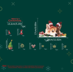Detailed view of Christmas dog wall stickers with precise size measurements in cm and inch
