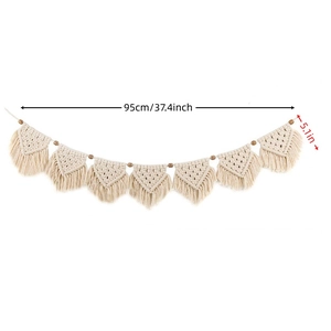 Bohemian handmade macrame wall hanging banner with beige tassels and wooden beads 95cm