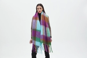 Detail of soft plush rainbow plaid scarf with oversized fringe trim for winter warmth