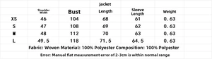 Detailed size chart for women's casual lapel jacket with chest and sleeve measurements