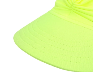 Detailed macro view of the wide brim stitching and woven texture on a neon yellow sun hat