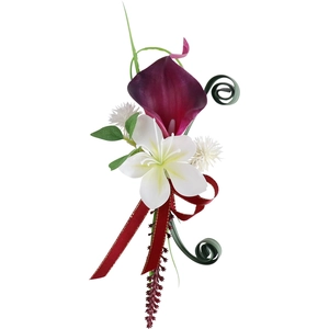 Elegant purple calla lily boutonniere with silk ribbon and white floral accents