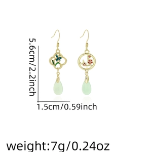 Detailed dimensions of vintage Chinese style tassel earrings with green drop pendants