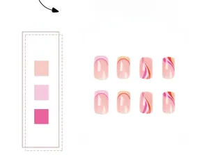 Détail de faux ongles French wave avec motifs de vagues orange et rose pastel