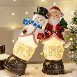 Illuminated Christmas water globe featuring Santa Claus and Snowman with swirling snow